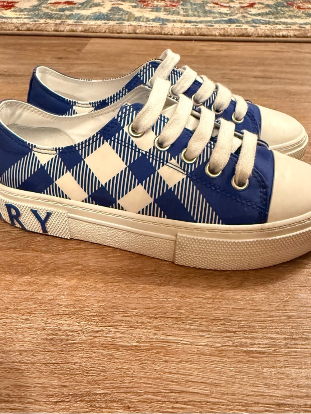 Burberry Mini Jack Check Low-Top Sneakers Kids Size 32 Blue White Logo Preppy